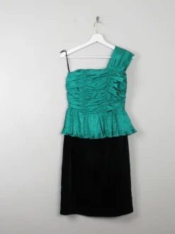 Vintage Green & Black Dress One Shoulder XS