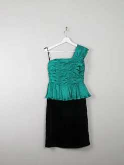 Vintage Green & Black Dress One Shoulder XS