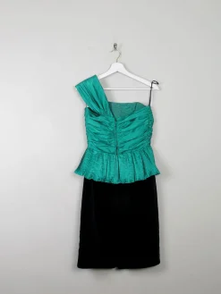 Vintage Green & Black Dress One Shoulder XS