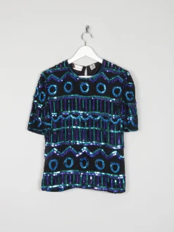 Vintage Green & Blue Sequin & Silk Short Sleeve Top S