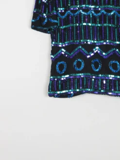 Vintage Green & Blue Sequin & Silk Short Sleeve Top S