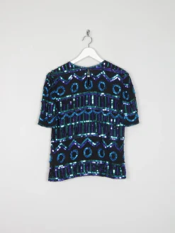 Vintage Green & Blue Sequin & Silk Short Sleeve Top S
