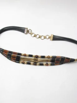Vintage Italian Black Leather Beaded Belt S/M