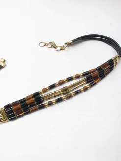 Vintage Italian Black Leather Beaded Belt S/M