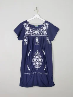 Vintage Navy & Blue Embroidered Mexican Dress S/M