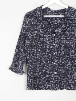 Vintage Navy Polka Dot Blouse With Frills  S