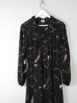 Vintage 1970s Black Patterned Dress 12/14