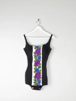 Vintage 1960s Black Swimsuit With Floral Design 10/12