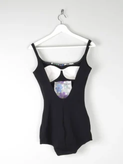 Vintage 1960s Black Swimsuit With Floral Design 10/12
