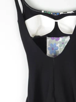 Vintage 1960s Black Swimsuit With Floral Design 10/12