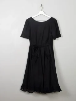 Vintage 70s  Black Wrap-Over Dress With Broderie Anglaise Trim