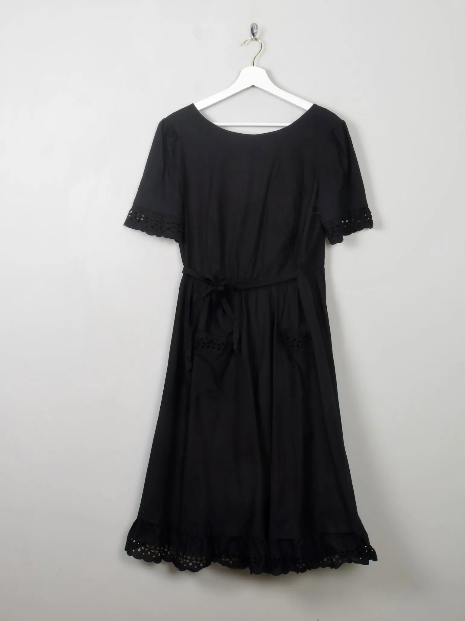 Vintage 70s Black Wrap-Over Dress With Broderie Anglaise Trim
