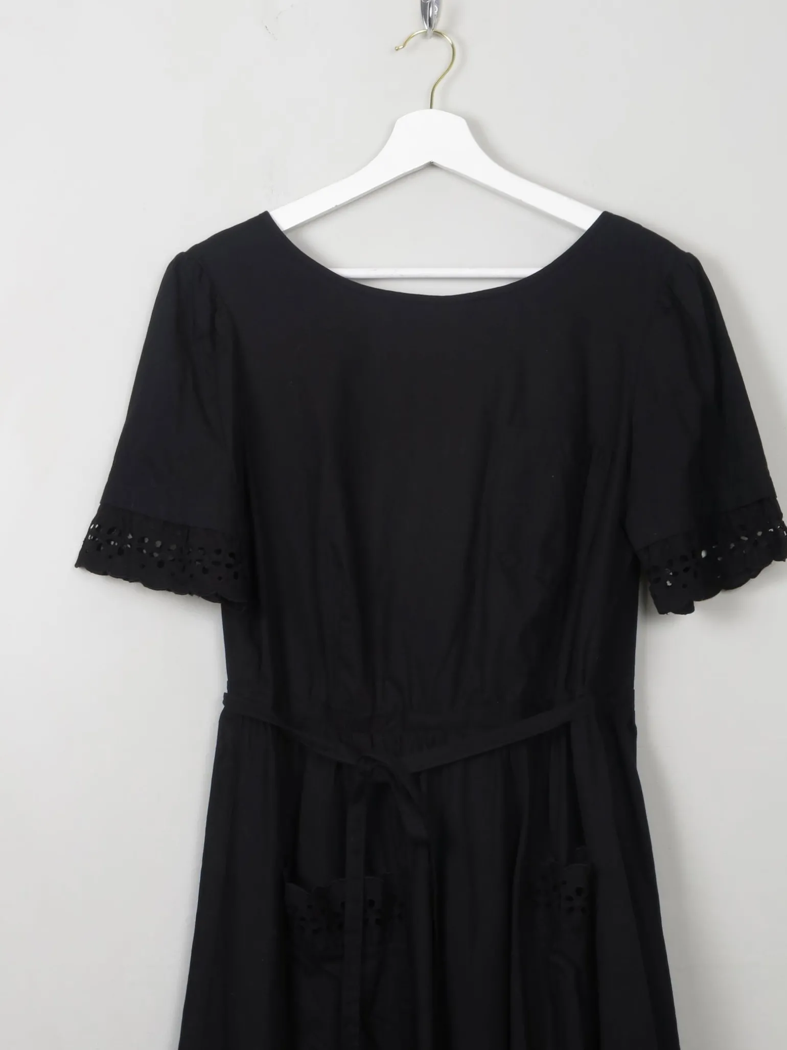 Vintage 70s Black Wrap-Over Dress With Broderie Anglaise Trim