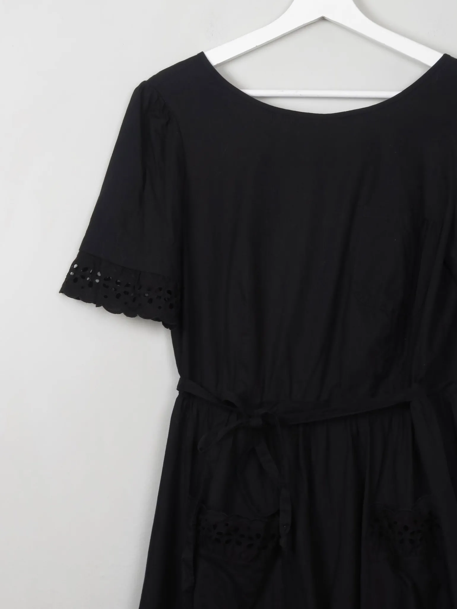 Vintage 70s Black Wrap-Over Dress With Broderie Anglaise Trim