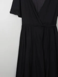 Vintage 70s Black Wrap-Over Dress With Broderie Anglaise Trim