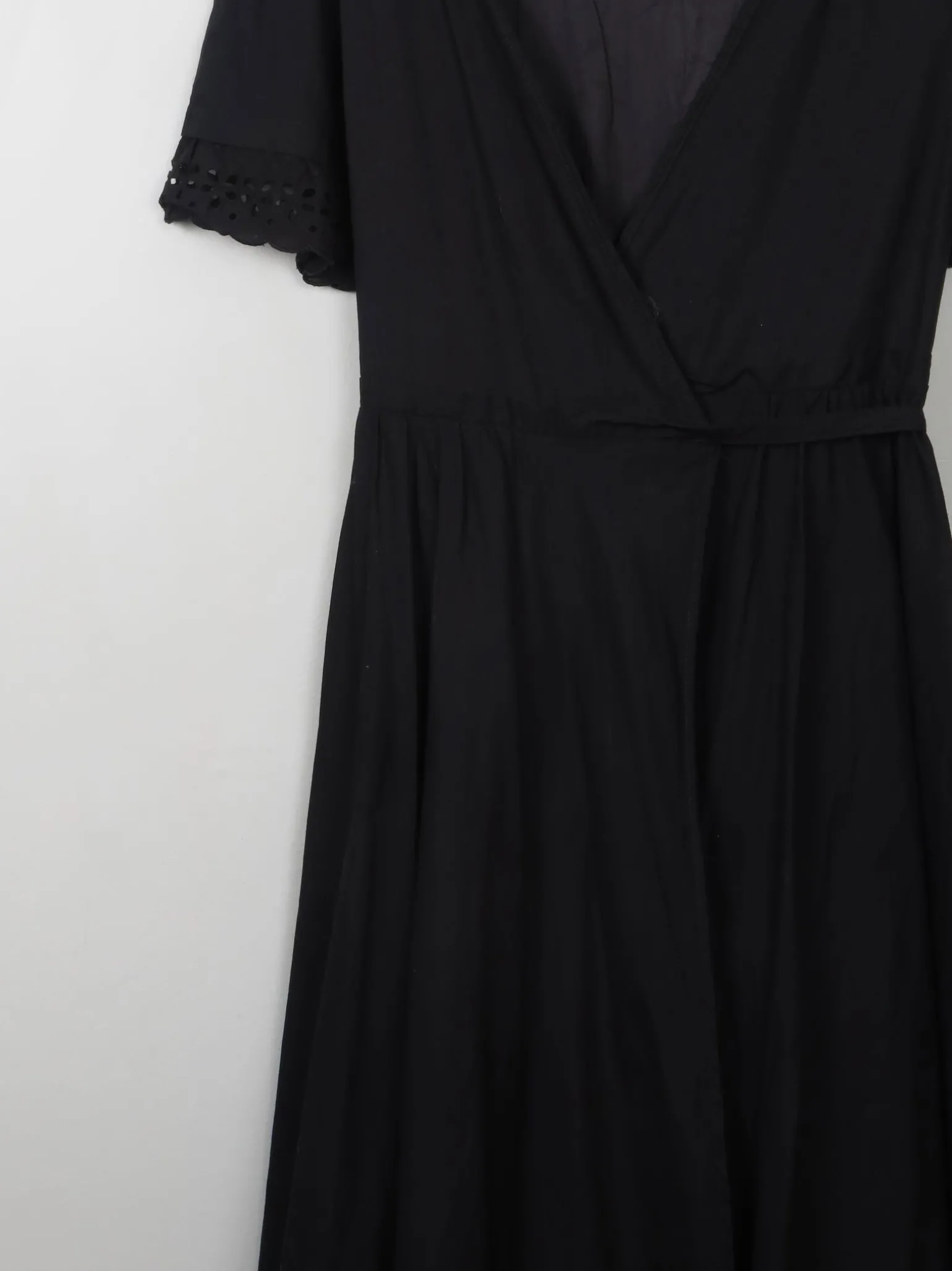 Vintage 70s Black Wrap-Over Dress With Broderie Anglaise Trim