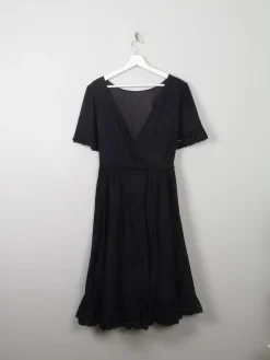 Vintage 70s Black Wrap-Over Dress With Broderie Anglaise Trim