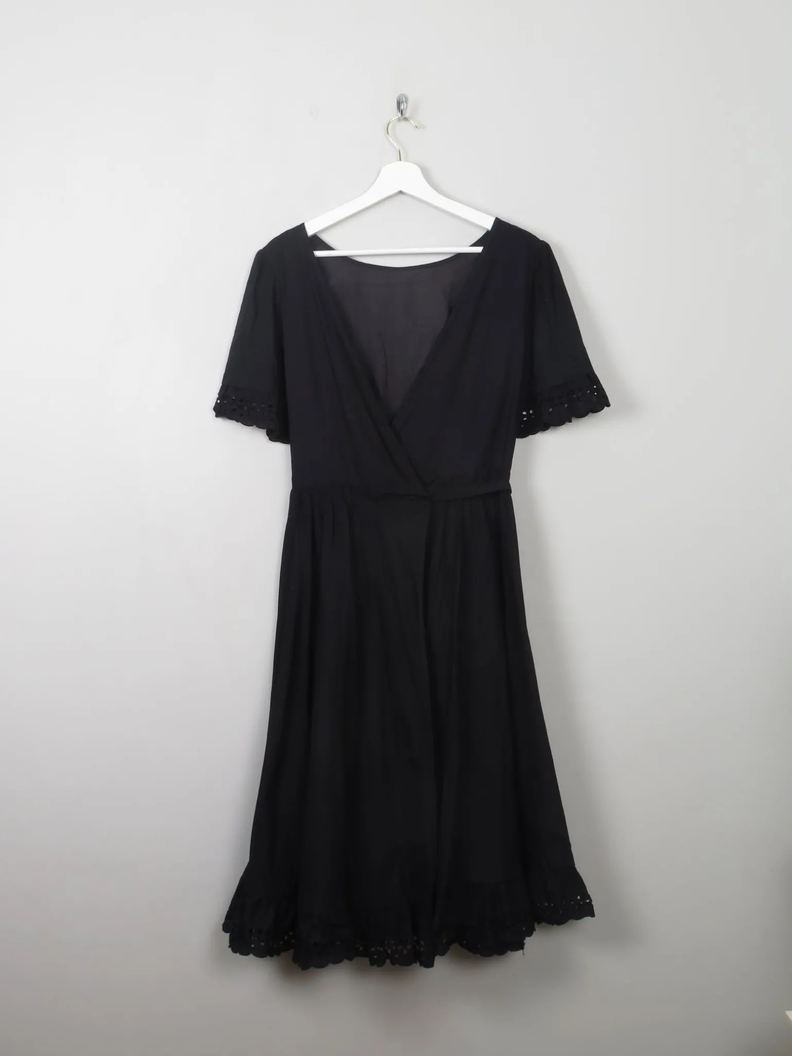 Vintage 70s Black Wrap-Over Dress With Broderie Anglaise Trim