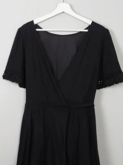 Vintage 70s Black Wrap-Over Dress With Broderie Anglaise Trim