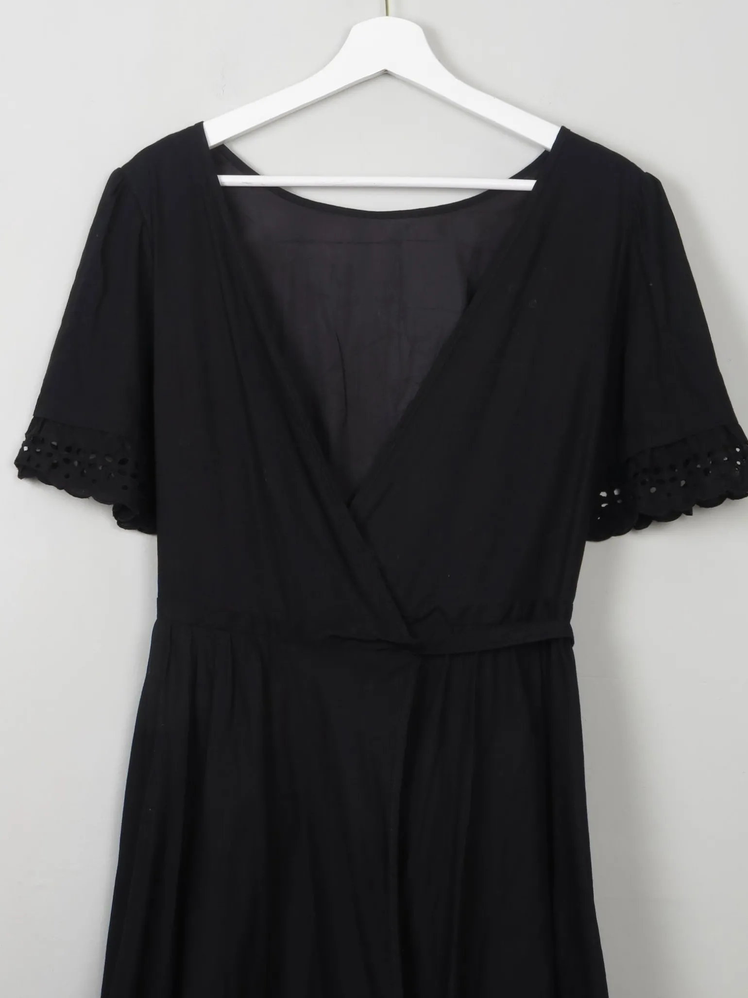 Vintage 70s Black Wrap-Over Dress With Broderie Anglaise Trim