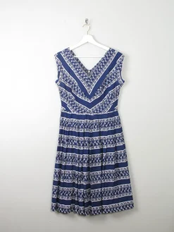 Vintage 1950s Navy Printed Dress S