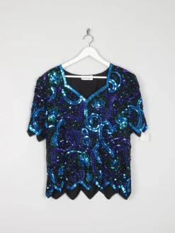 Vintage Sequin Unworn Blue & Green V neck Top M/L
