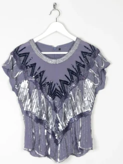 Vintage Style Grey & Blue Beaded Top S