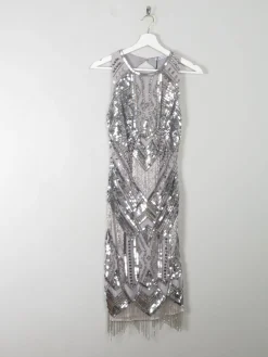 Vintage Style 1920s Flapper Silver Beaded Dress New S