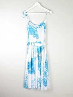 Vintage White & Turquoise 1970s Summer Dress S