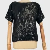 Vintage Women’s Black Sequin Top With Floral Motif S/M