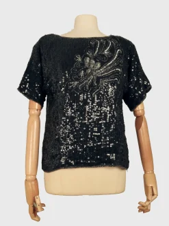Vintage Women’s Black Sequin Top With Floral Motif S/M