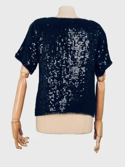 Vintage Women’s Black Sequin Top With Floral Motif S/M