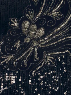 Vintage Women’s Black Sequin Top With Floral Motif S/M
