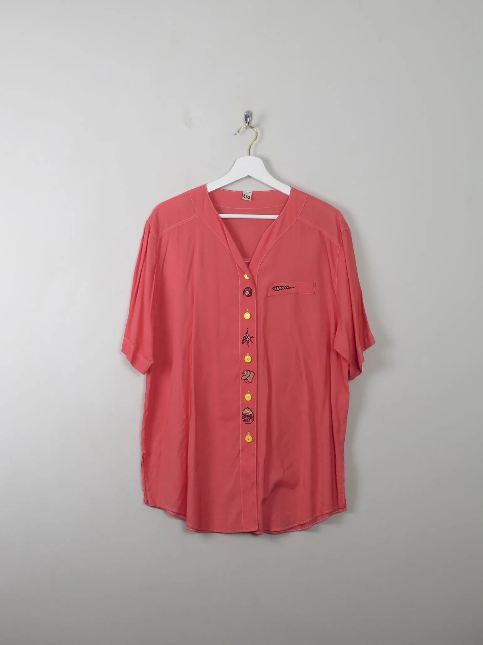 Vintage Women's Coral Blouse With Shell Embroidery M/L