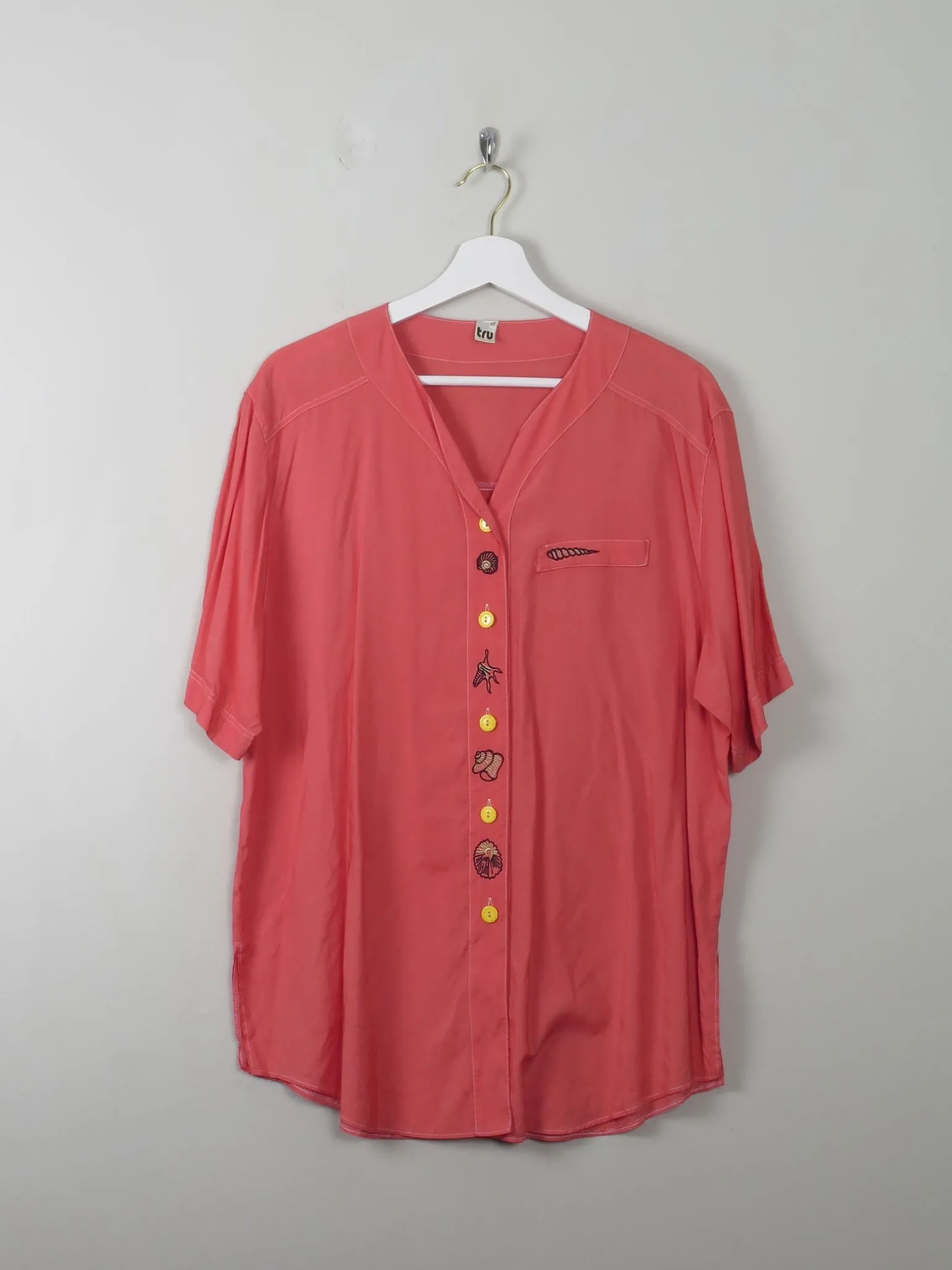 Vintage Women's Coral Blouse With Shell Embroidery M/L