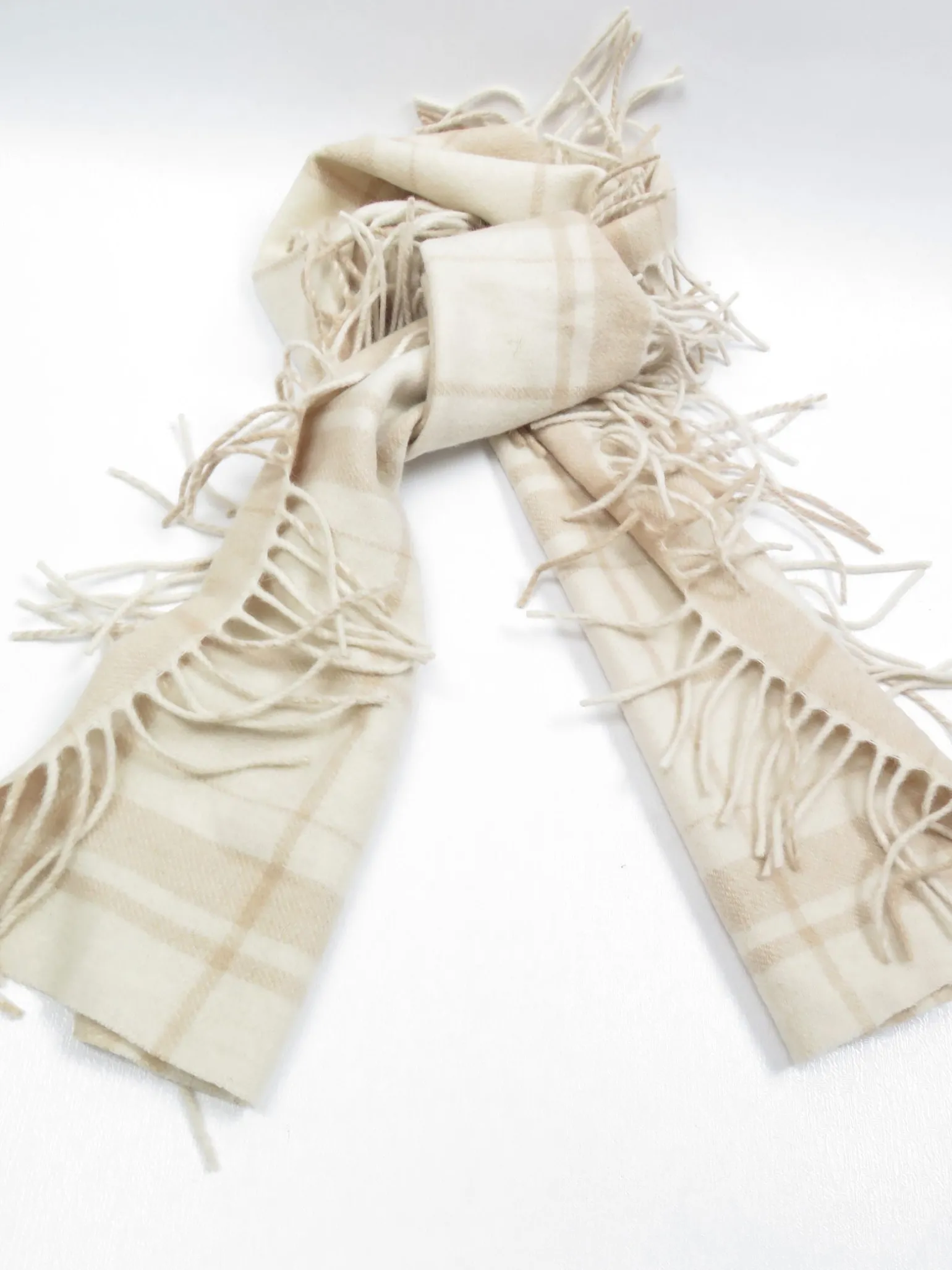 Vintage Wool Cream & Beige Fringed Scarf