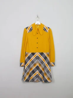 Vintage Yellow Combined 1970s Collared Dress M