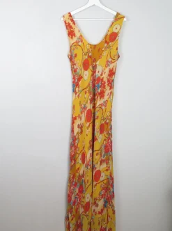 Vintage Yellow Printed Long Dress L