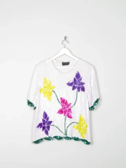 White Sequin Vintage Top With Floral Prints M/L