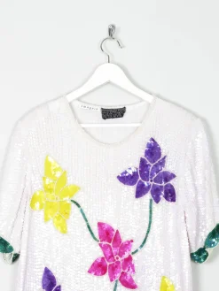 White Sequin Vintage Top With Floral Prints M/L