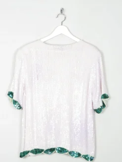 White Sequin Vintage Top With Floral Prints M/L