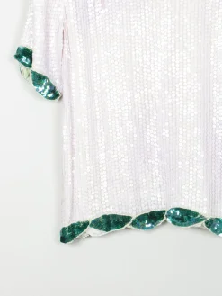 White Sequin Vintage Top With Floral Prints M/L