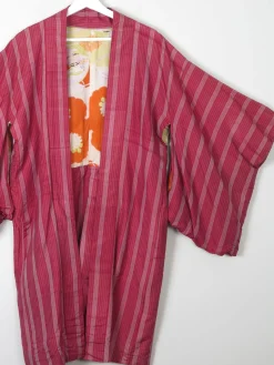 Wine Silk Striped Mid Length Vintage  Kimono Haori  M