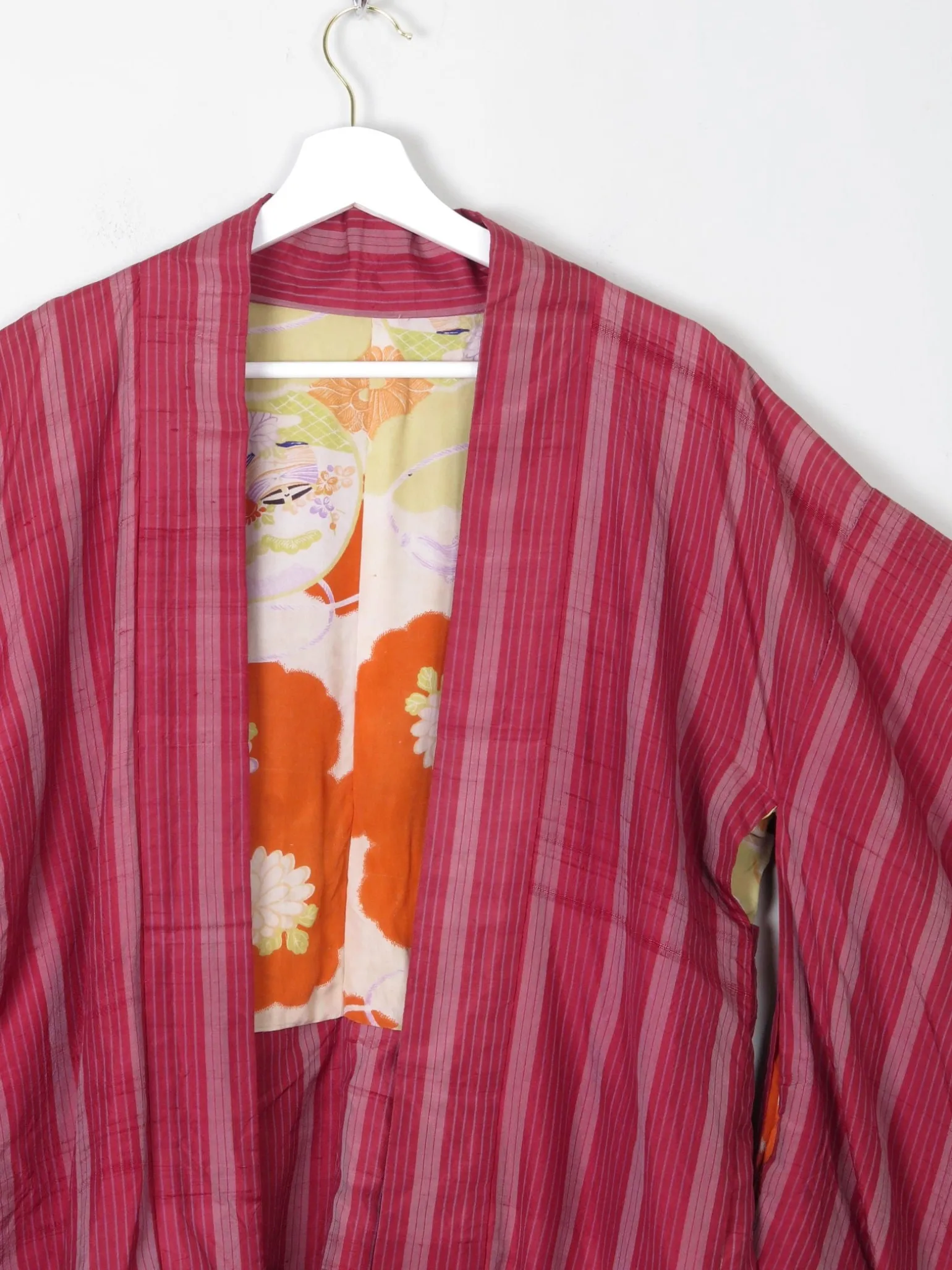 Wine Silk Striped Mid Length Vintage Kimono Haori M