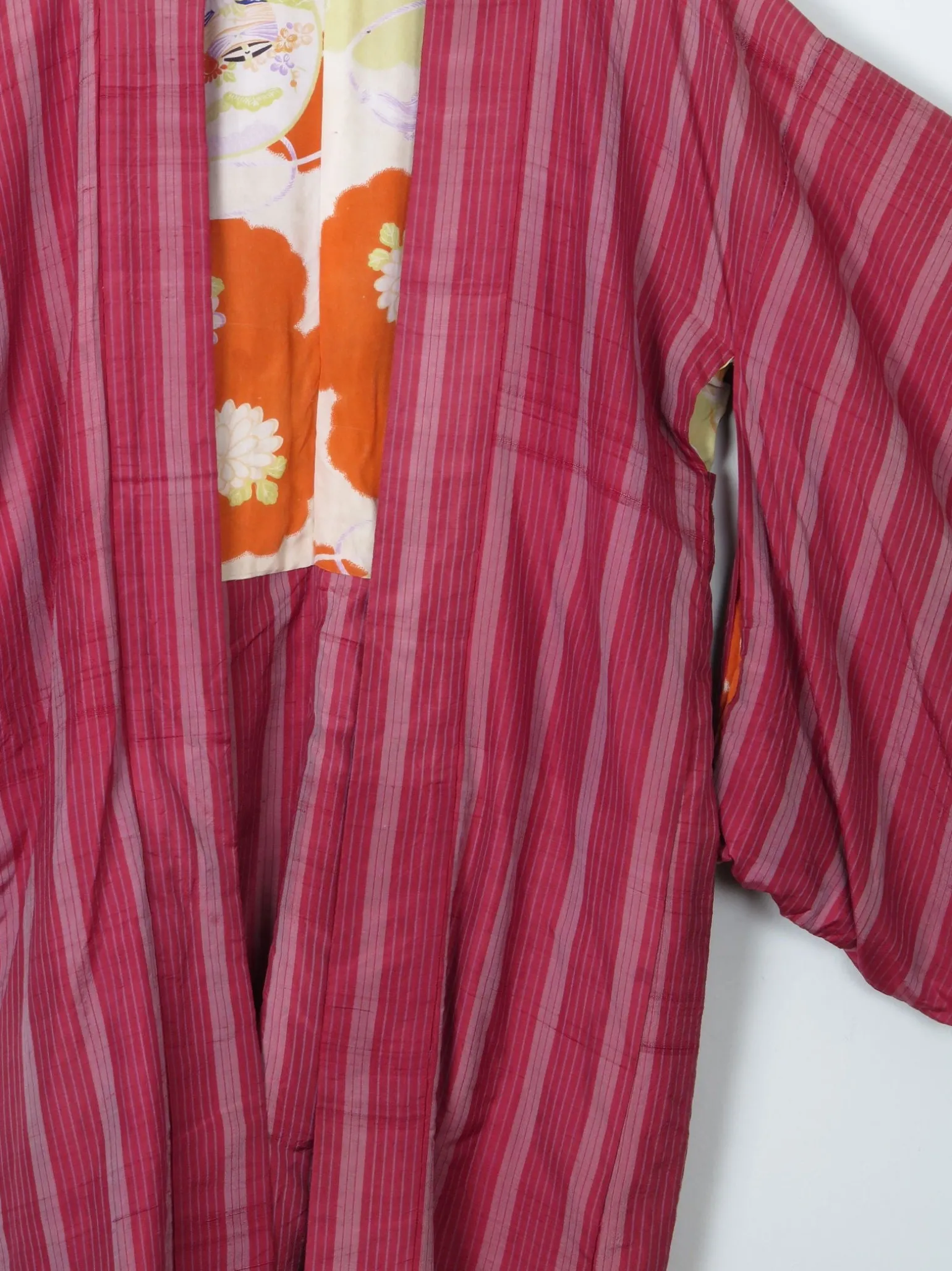 Wine Silk Striped Mid Length Vintage Kimono Haori M