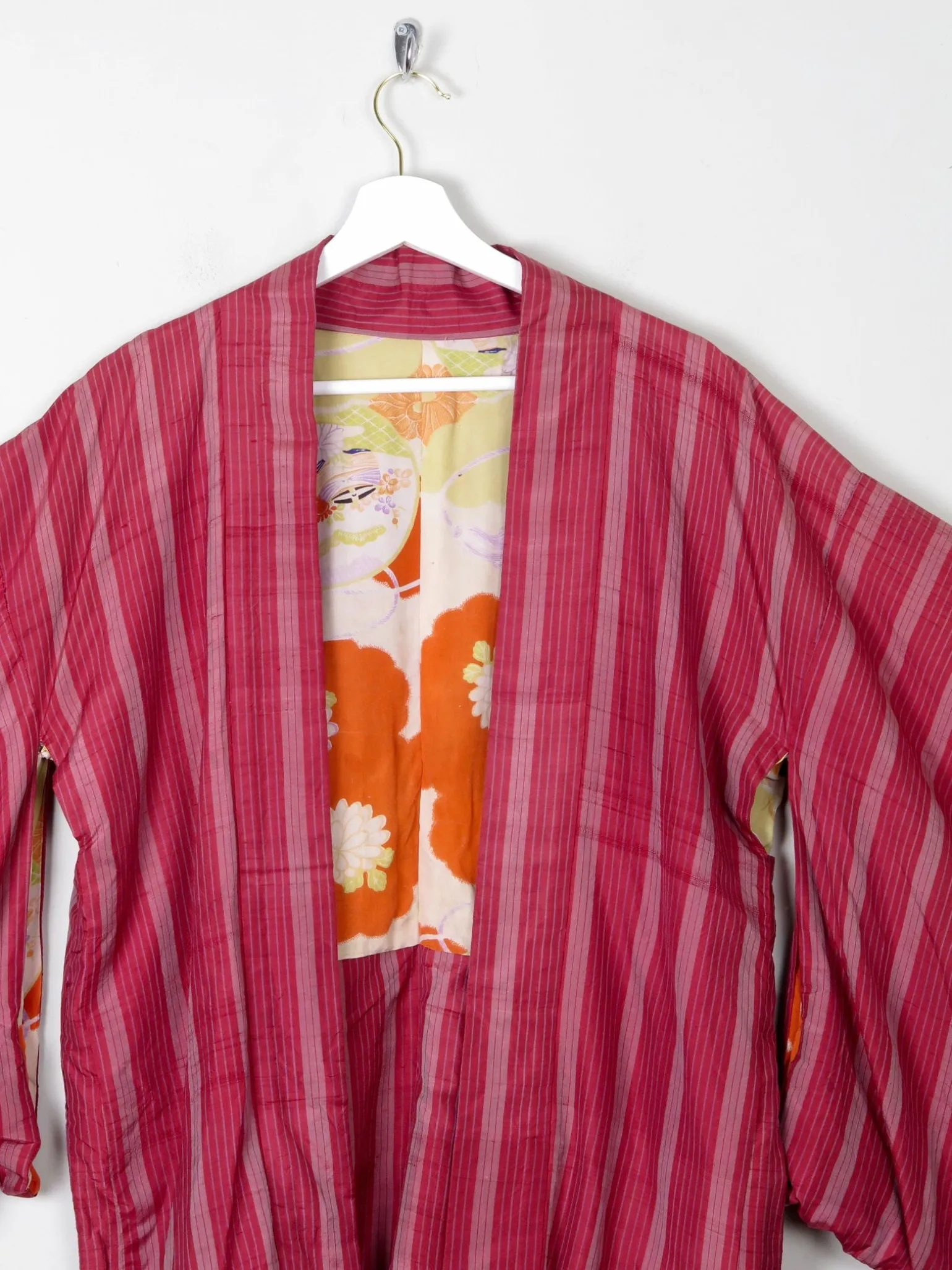 Wine Silk Striped Mid Length Vintage Kimono Haori M