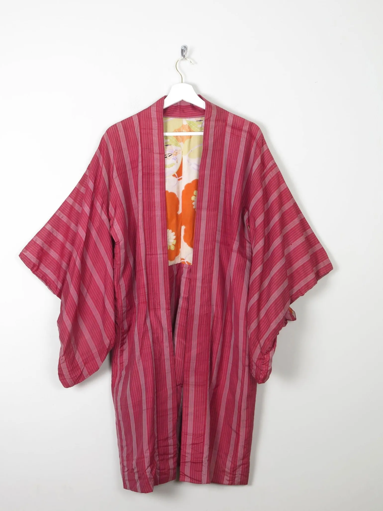 Wine Silk Striped Mid Length Vintage Kimono Haori M