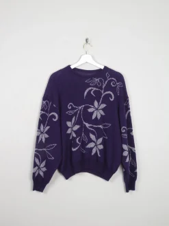 Women's Aubergine Vintage Jumper With Lurex Floral Motifs S/M
