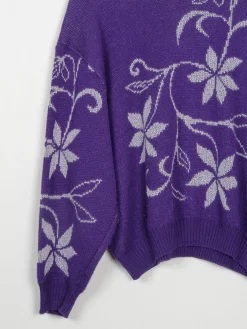 Women's Aubergine Vintage Jumper With Lurex Floral Motifs S/M