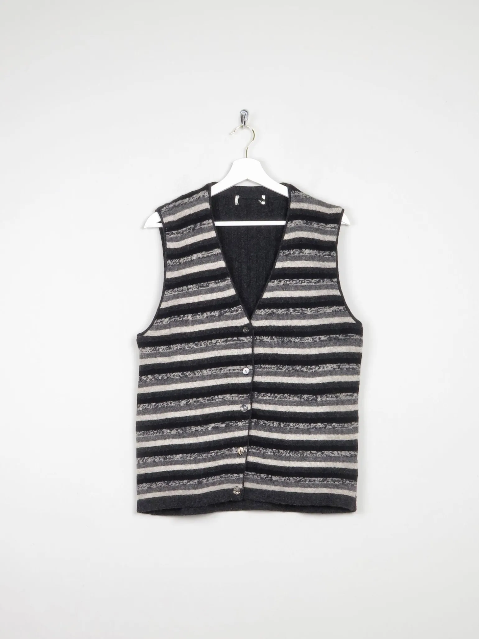 Women's Black & Grey Striped Wool Vintage Waistcoat M